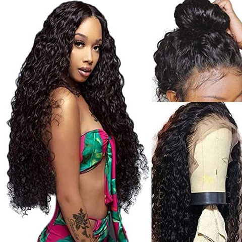 Hair Glueless 13X4 Synthetic Lace Front Wigs with Baby Hair Long Loose Curly Wigs for Black Women 180% Density Heat Resistant Fiber Natural Black Color Water Wave Wig(1B 24Inch)