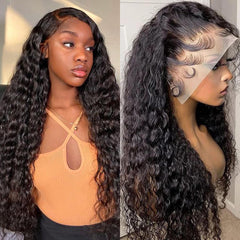 Hair Glueless 13X4 Synthetic Lace Front Wigs with Baby Hair Long Loose Curly Wigs for Black Women 180% Density Heat Resistant Fiber Natural Black Color Water Wave Wig(1B 24Inch)