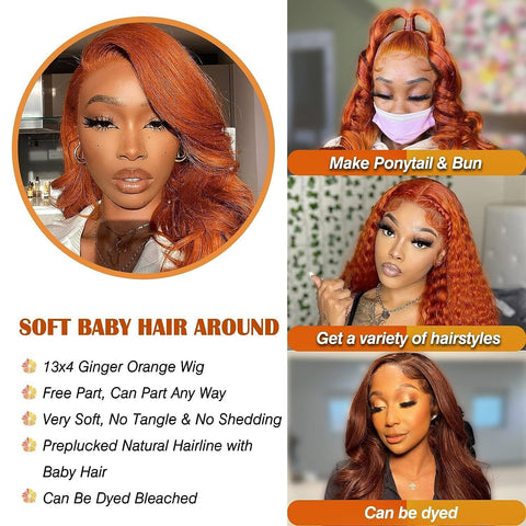 Ginger Orange Glueless Wigs 13×4 Body Wave Lace Front Wig Human Hair Pre Plucked