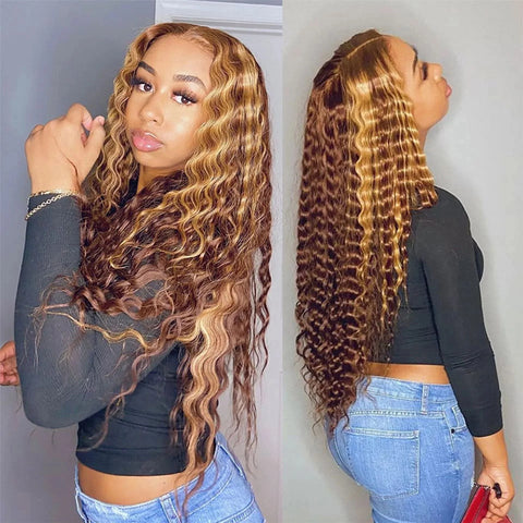 Highlight Ombre Deep Curly 13X4 T-Part HD Glueless Lace Front Wigs for Women Human Hair，#4/27 Blonde Brown Pre Plucked with Baby Hair 180% Density Brazilian Virgin Hair 18 Inch