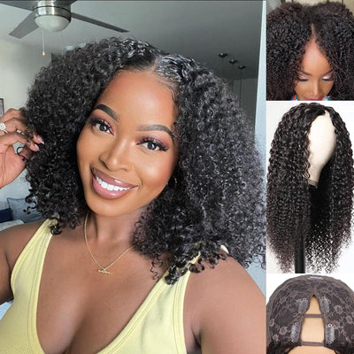 Curly V Part Wigs Brazilian Kinky Curly Human Hair Wigs for Black Women V Shape Wigs No Leave Out Upgrade U Part Wigs Glueless Full Head Clip in Half Wigs (Kinky Curly, 14 Inch)