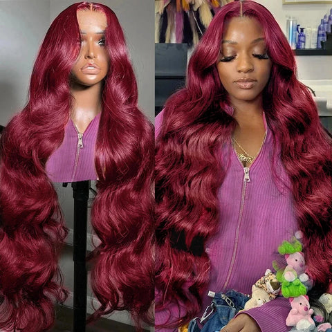 99J Burgundy Lace Front Human Hair Wig Body Wave Red Colored Wigs Brazilian 13X4 