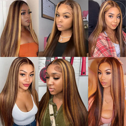 Ombre Highlight Wig Human Hair 13×6×1 T Part Ombre Lace Front Straight Wig 150% Density 4/27 Brown Highlights Glueless Transparent Lace Wig for Black Women 10A Brazilian Human Hair Wigs (20 Inch)