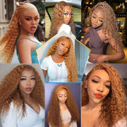 18" Honey Blonde Curly Lace Front Wig Human Hair Pre Plucked 180 Density Glueless Wig Bright Brown Curly Wigs 13X4 HD Lace Blonde Deep Wave Human Hair Wigs for Black Women with Natural Hairline