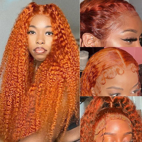 Ginger Orange Deep Wave Wigs Human Hair Colored 13X4 HD Curly Lace Frontal Wig