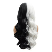 Hair Synthetic Lace Front Wig Wavy Long 24Inch Half Black Half White Mix Heavy Density Heat Resistant Realistic Wig