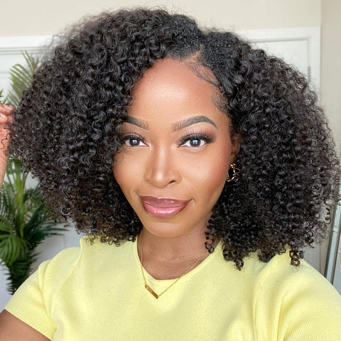 Curly V Part Wigs Brazilian Kinky Curly Human Hair Wigs for Black Women V Shape Wigs No Leave Out Upgrade U Part Wigs Glueless Full Head Clip in Half Wigs (Kinky Curly, 14 Inch)