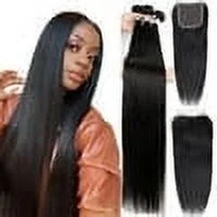 Brazilian Straight 3 Bundles with Closure (20 22 24+18) 100% Unprocessed Brazilian Straight Human Hair Bundles with 4X4 Lace Closure Free Part Natural Color