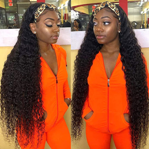 Headband Wig Human Hair Water Wave Headband Wig for Black Women Human Hair Brazilian Virgin Wet and Wavy None Lace Front Wigs Machine Made Wigs 14Inch