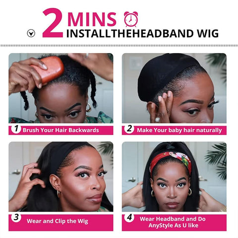 Headband Wig Human Hair Deep Wave 14 Inch Wigs for Black Women Glueless None Lace Front Curly Wave Wig Brazilian Virgin Hair Wear and Go Wigs Machine Made 150% Density Wigs Natural Color