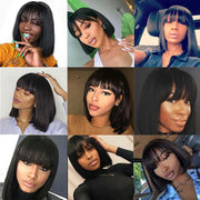 Short Human Hair Bob Wigs with Bangs 14Inch 10A Brazilian Straight Bob Wigs for Black Women Human Hair Glueless Machine Made Soft Bob Bang Wigs 150% Density (14Inch, Natural Black)