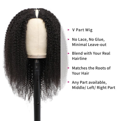 Curly V Part Wigs Brazilian Kinky Curly Human Hair Wigs for Black Women V Shape Wigs No Leave Out Upgrade U Part Wigs Glueless Full Head Clip in Half Wigs (Kinky Curly, 14 Inch)