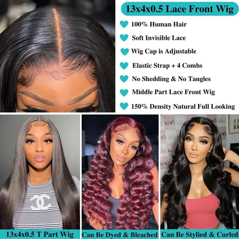 HD Straight Lace Front Human Hair Wigs 13X4X0.5 T Shape Middle Part 150% Density Brazilian Lace Frontal Wigs for Black Women 20Inch