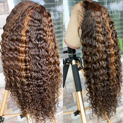 Highlight Ombre Deep Curly 13X4 T-Part HD Glueless Lace Front Wigs for Women Human Hair，#4/27 Blonde Brown Pre Plucked with Baby Hair 180% Density Brazilian Virgin Hair 18 Inch