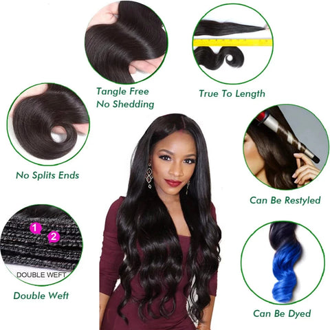 Body Wave 3 Bundles with Closure (18 20 22+16) 100% Unprocessed Brazilian Body Wave Human Hair Bundles with 4X4 Lace Closure Free Part Natural Color