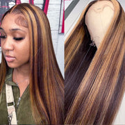 Ombre Highlight Wig Human Hair 13×6×1 T Part Ombre Lace Front Straight Wig 150% Density 4/27 Brown Highlights Glueless Transparent Lace Wig for Black Women 10A Brazilian Human Hair Wigs (20 Inch)