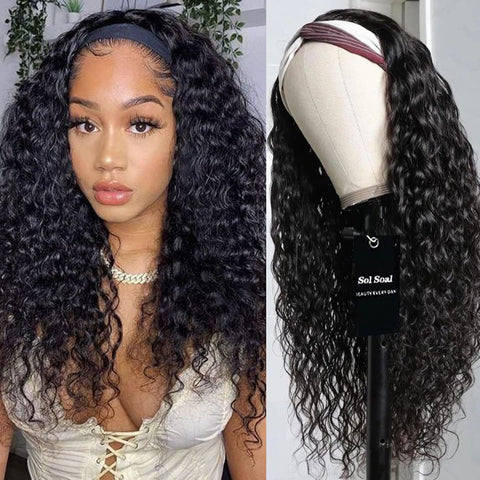 18 Inch Water Wave Headband Wig Human Hair Short Curly Bob Headband Wigs for Black Women Brazilian Water Wave None Lace Front Wigs Human Hair Glueless Machine Made Wigs Natural Color 150% Density