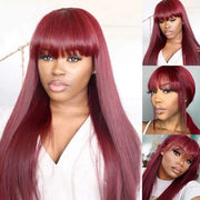 18''Burgundy Color Long Straight Human Hair Machine Made Wigs with Bangs None Lace Front Wigs 100% Brazilian Human Hair Wine Red Wig for Women 150% Density