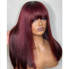 18''Burgundy Color Long Straight Human Hair Machine Made Wigs with Bangs None Lace Front Wigs 100% Brazilian Human Hair Wine Red Wig for Women 150% Density