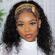 Headband Wig Human Hair Glueless Black Human Hair Wigs for Black Women Deep Curly Headband Wig Brazilian Virgin Remy (16 Inch,150% Density,Natural Black)