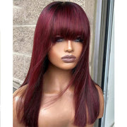 18''Burgundy Color Long Straight Human Hair Machine Made Wigs with Bangs None Lace Front Wigs 100% Brazilian Human Hair Wine Red Wig for Women 150% Density