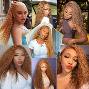 24" Honey Blonde Curly Lace Front Wig Human Hair Pre Plucked 180 Density Glueless Wig 13X4 HD Lace Blonde Deep Wave Human Hair Wigs for Black Women Bright Brown Kinky Curly Wig with Natural Hairline