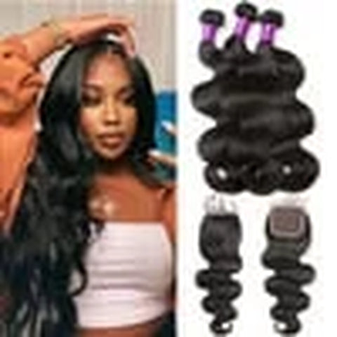 Brazilian Body Wave 3 Bundles with Closure 100% Unprocessed Human Hair Extensions 4X4 Free Part Lace Closure Natural Color (16 18 20+14)