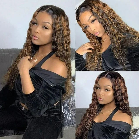 Highlight Ombre Deep Curly 13X4 T-Part HD Glueless Lace Front Wigs for Women Human Hair，#4/27 Blonde Brown Pre Plucked with Baby Hair 180% Density Brazilian Virgin Hair 18 Inch