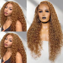 24" Honey Blonde Curly Lace Front Wig Human Hair Pre Plucked 180 Density Glueless Wig 13X4 HD Lace Blonde Deep Wave Human Hair Wigs for Black Women Bright Brown Kinky Curly Wig with Natural Hairline