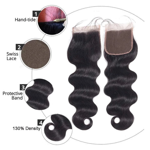 Body Wave Bundles with Closure Human Hair Brazilian 3 Bundles with 4X4 Lace Closure Natural Color (14 16 18+12)