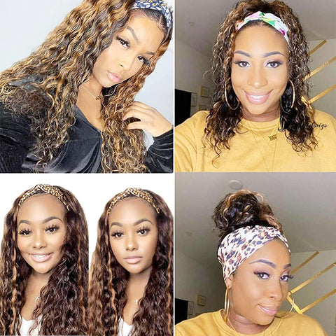 Hair Ombre Headband Wig Human Hair Water Wave Highlight Glueless Brazilian Virgin Full Machine Made Headband Wigs for Black Women Wet and Wavy None Lace Front Wig P4/27 Wear and Go 24Inch