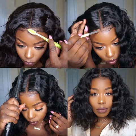 Short Bob Body Wave Lace Front Wigs for Black Women Human Hair Glueless 4X4 HD Lace Closure Wig Pre Plucked Wet and Wavy Brazilian Virgin Hair Natural Color 14Inch