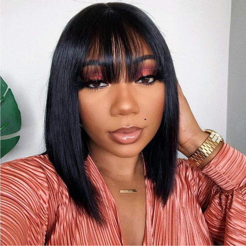 Short Human Hair Bob Wigs with Bangs 14Inch 10A Brazilian Straight Bob Wigs for Black Women Human Hair Glueless Machine Made Soft Bob Bang Wigs 150% Density (14Inch, Natural Black)