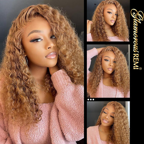 18" Honey Blonde Curly Lace Front Wig Human Hair Pre Plucked 180 Density Glueless Wig Bright Brown Curly Wigs 13X4 HD Lace Blonde Deep Wave Human Hair Wigs for Black Women with Natural Hairline