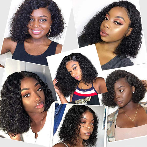 Short Bob Wigs 4X4 Lace Closures Human Hair Wigs Brazilian Curly Lace Front Wigs Pre Plucked Natural Black Color Curly Bob Wig Lace Front Wigs Middle Part Short Bob Wigs 8 Inches