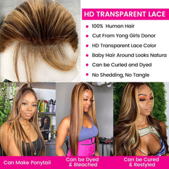 13X4 Highlight Straight 4/27 Ombre HD Transparent Lace Front Wigs Human Hair for Black Women Pre Plucked 200% Density Brazilian Straight Human Hair Wigs with Baby Hair(24Inch, 4/27-Straight)