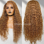 24" Honey Blonde Curly Lace Front Wig Human Hair Pre Plucked 180 Density Glueless Wig 13X4 HD Lace Blonde Deep Wave Human Hair Wigs for Black Women Bright Brown Kinky Curly Wig with Natural Hairline