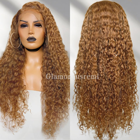 18" Honey Blonde Curly Lace Front Wig Human Hair Pre Plucked 180 Density Glueless Wig Bright Brown Curly Wigs 13X4 HD Lace Blonde Deep Wave Human Hair Wigs for Black Women with Natural Hairline