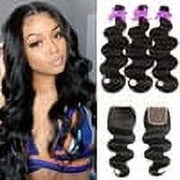 Body Wave Bundles with Closure Human Hair Brazilian 3 Bundles with 4X4 Lace Closure Natural Color (14 16 18+12)