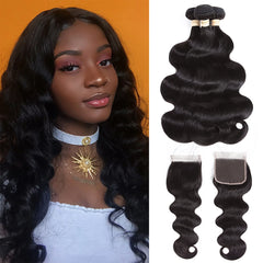 Brazilian Body Wave 12A Human Hair Bundles with Closure (30 30 30 +24) 3 Bundles with Frontal 4X4 Free Part Lace Closure Black Weave Bundles Human Hair 100% Unprocessed Extensions Hair Natural Color