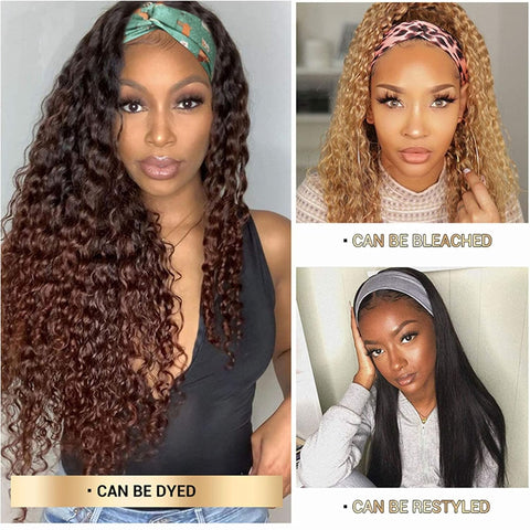 Headband Wig Human Hair Water Wave Headband Wig for Black Women Human Hair Brazilian Virgin Wet and Wavy None Lace Front Wigs Machine Made Wigs 14Inch