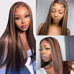 Ombre Highlight Wig Human Hair 13×6×1 T Part Ombre Lace Front Straight Wig 150% Density 4/27 Brown Highlights Glueless Transparent Lace Wig for Black Women 10A Brazilian Human Hair Wigs (20 Inch)