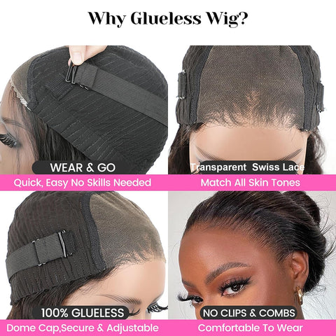 Hair Wear and Go Glueless Wigs Bob Wigs Human Hair Pre Plucked Water Wave Lace Front Wigs Human Hair Upgraded No Glue Transparent Lace Closure Wigs Human Hair for Women Natural Black 10 Inch