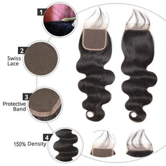 Body Wave 3 Bundles with Closure (18 20 22+16) 100% Unprocessed Brazilian Body Wave Human Hair Bundles with 4X4 Lace Closure Free Part Natural Color