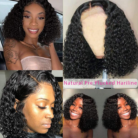 Short Bob Wigs 4X4 Lace Closures Human Hair Wigs Brazilian Curly Lace Front Wigs Pre Plucked Natural Black Color Curly Bob Wig Lace Front Wigs Middle Part Short Bob Wigs 8 Inches