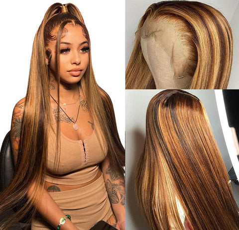 13X4 Highlight Straight 4/27 Ombre HD Transparent Lace Front Wigs Human Hair for Black Women Pre Plucked 200% Density Brazilian Straight Human Hair Wigs with Baby Hair(24Inch, 4/27-Straight)