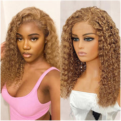 18" Honey Blonde Curly Lace Front Wig Human Hair Pre Plucked 180 Density Glueless Wig Bright Brown Curly Wigs 13X4 HD Lace Blonde Deep Wave Human Hair Wigs for Black Women with Natural Hairline