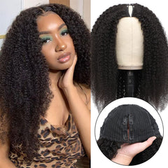 Curly V Part Wigs Brazilian Kinky Curly Human Hair Wigs for Black Women V Shape Wigs No Leave Out Upgrade U Part Wigs Glueless Full Head Clip in Half Wigs (Kinky Curly, 14 Inch)