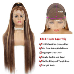 13X4 Highlight Straight 4/27 Ombre HD Transparent Lace Front Wigs Human Hair for Black Women Pre Plucked 200% Density Brazilian Straight Human Hair Wigs with Baby Hair(24Inch, 4/27-Straight)