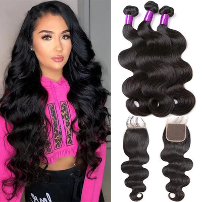 Body Wave 3 Bundles with Closure (18 20 22+16) 100% Unprocessed Brazilian Body Wave Human Hair Bundles with 4X4 Lace Closure Free Part Natural Color